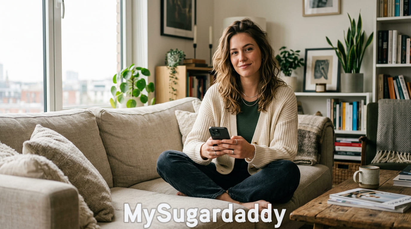 Joven con celular en mano revisando su perfil de sugar dating desde casa