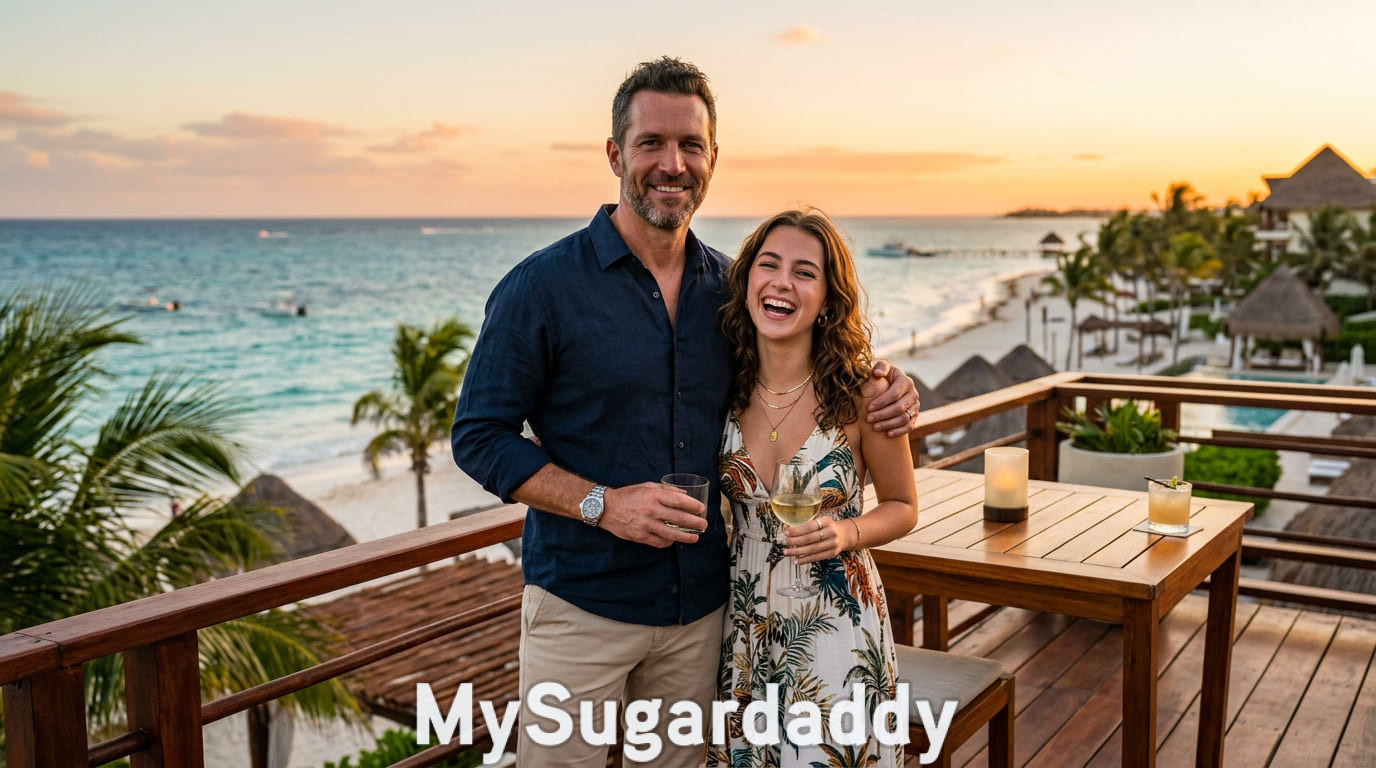 Sugar daddy y mujer más joven disfrutando una copa en una terraza frente al mar al atardecer