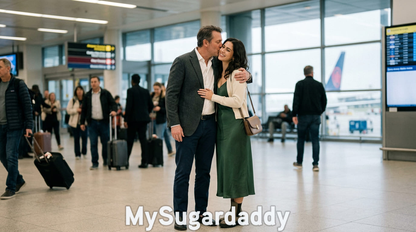Sugar daddy y mujer más joven en el aeropuerto listos para un viaje juntos