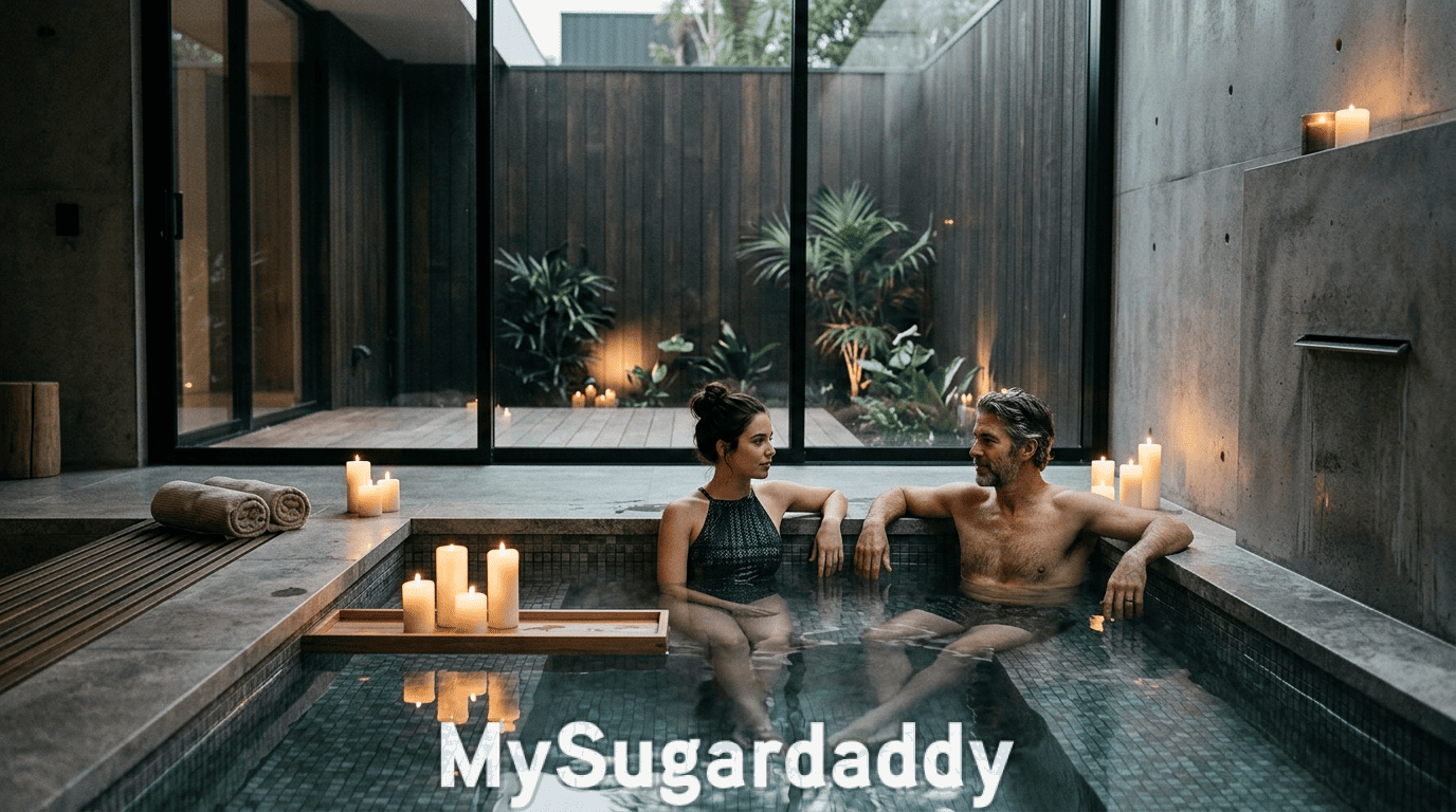 Pareja de sugar dating compartiendo una experiencia de spa de lujo con velas