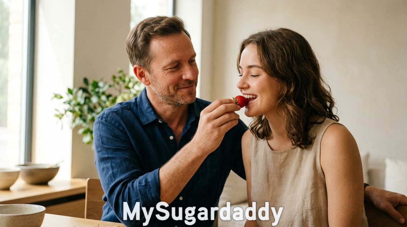 Sugar daddy interesado mostrando afecto a su sugar baby en casa